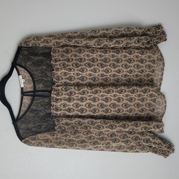 Pleione Lace Trim Blouse Chiffon Smocked Cuffs Keyhole Back Sheer Size XS - Picture 2 of 11